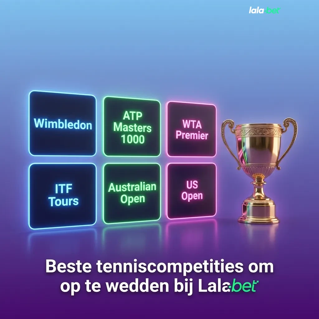 Tennisbanen met iconen van Grand Slams en tours, plus Lalabet wedinterface met quoteringen