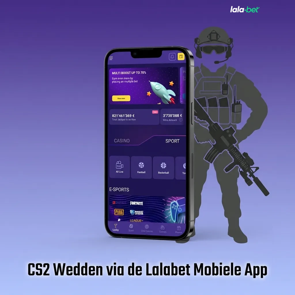 Smartphone met Lalabet app-scherm voor CS2-wedden, knoppen voor Android en iOS, focus op live bets en snelle cashouts