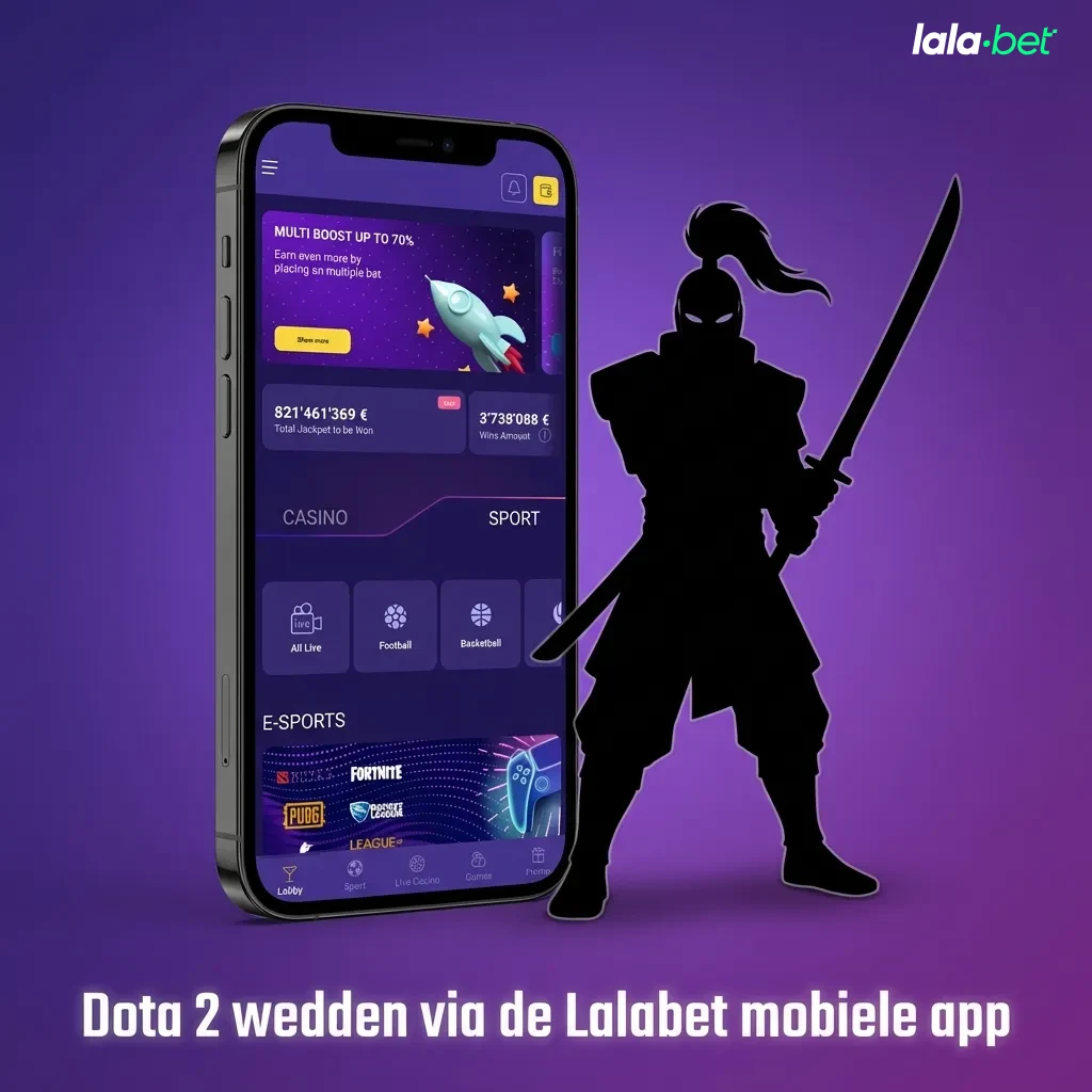 Smartphone toont Lalabet app met Dota 2 esports weddenschappen voor Android en iOS onderweg