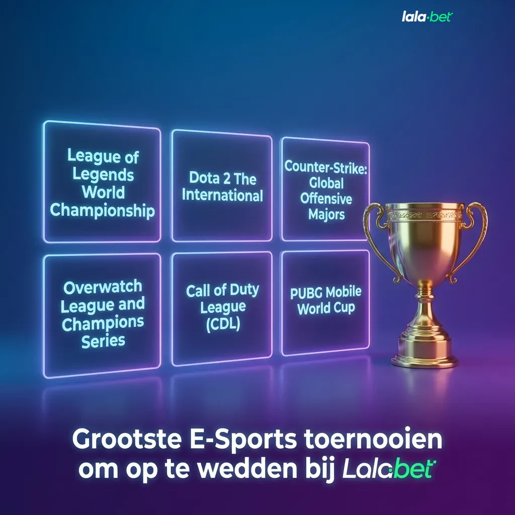 Tabel met grootste internationale esports toernooien om op te wedden bij Lalabet per game, zoals Dota 2 en CS2.