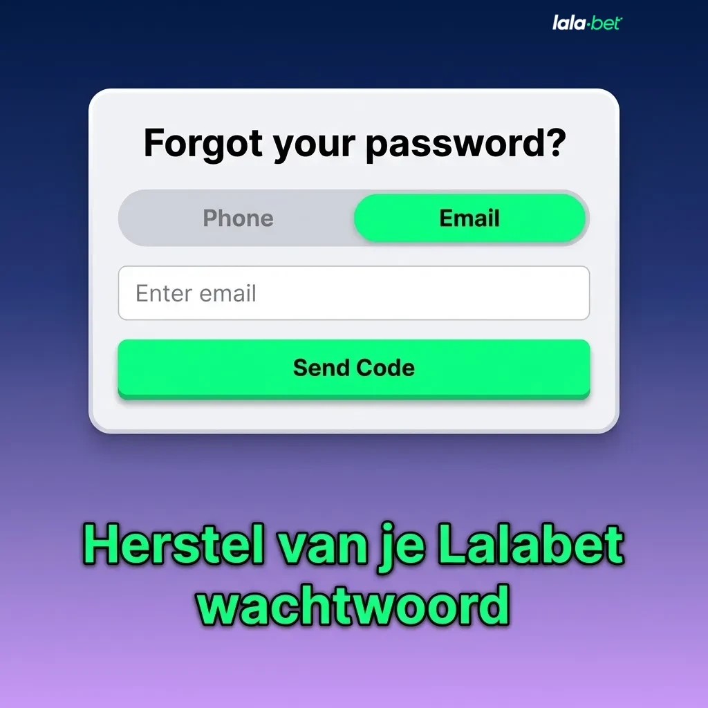 Illustratie van Lalabet inlogscherm met stappen om een vergeten wachtwoord via e‑mail of telefoon te herstellen
