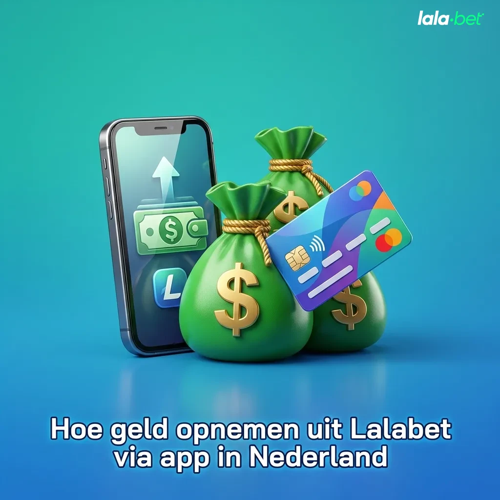Smartphone met Lalabet app geopend toont kassier- en opnameopties voor uitbetaling naar bank, kaart, wallet of crypto