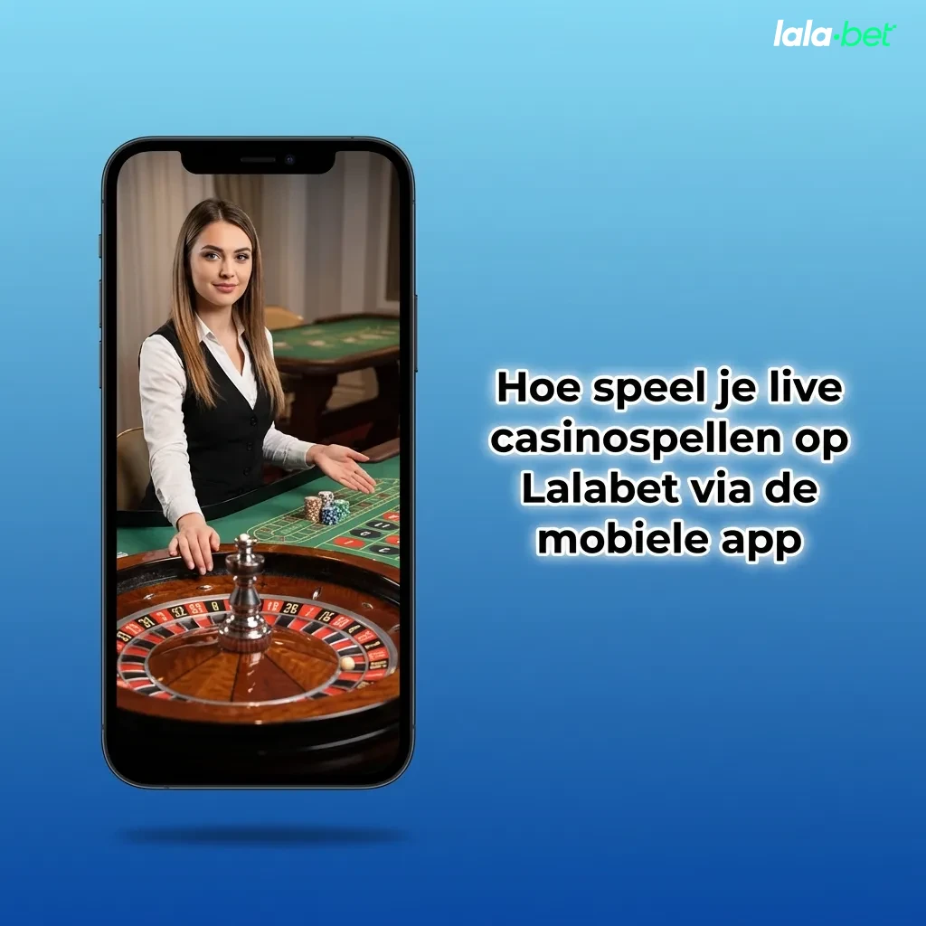 Smartphone met geopende Lalabet live casino app in landscape, speler kiest een live speeltafel en ziet dealer en inzetknoppen.