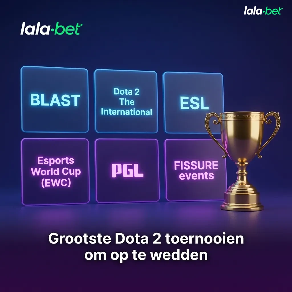 Collage of major Dota 2 esports tournaments with betting icons and logos like TI, ESL, BLAST and more