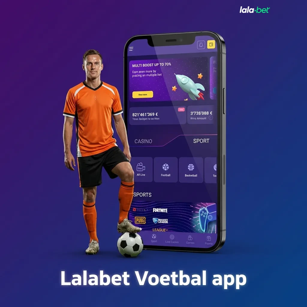 Mock-up van de Lalabet Voetbal app op smartphone met live voetbalwedstrijden en weddenschapsopties in beeld