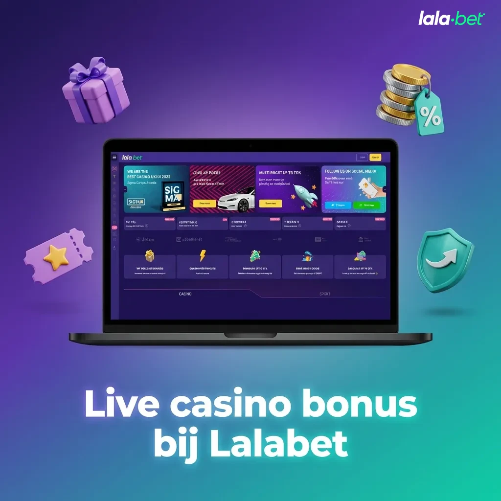 Banner met “100% tot €500 + 100 gratis spins” bij Lalabet live casino, met roulette- en sloticonen op een donkere achtergrond
