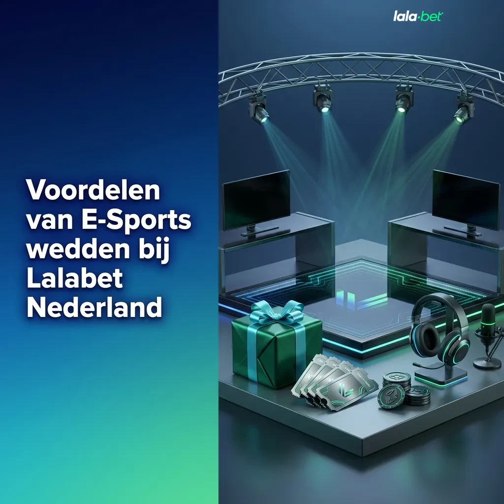 Nederlandse Lalabet-website met esports weddenschappen en lijst van voordelen in tekst met iconen