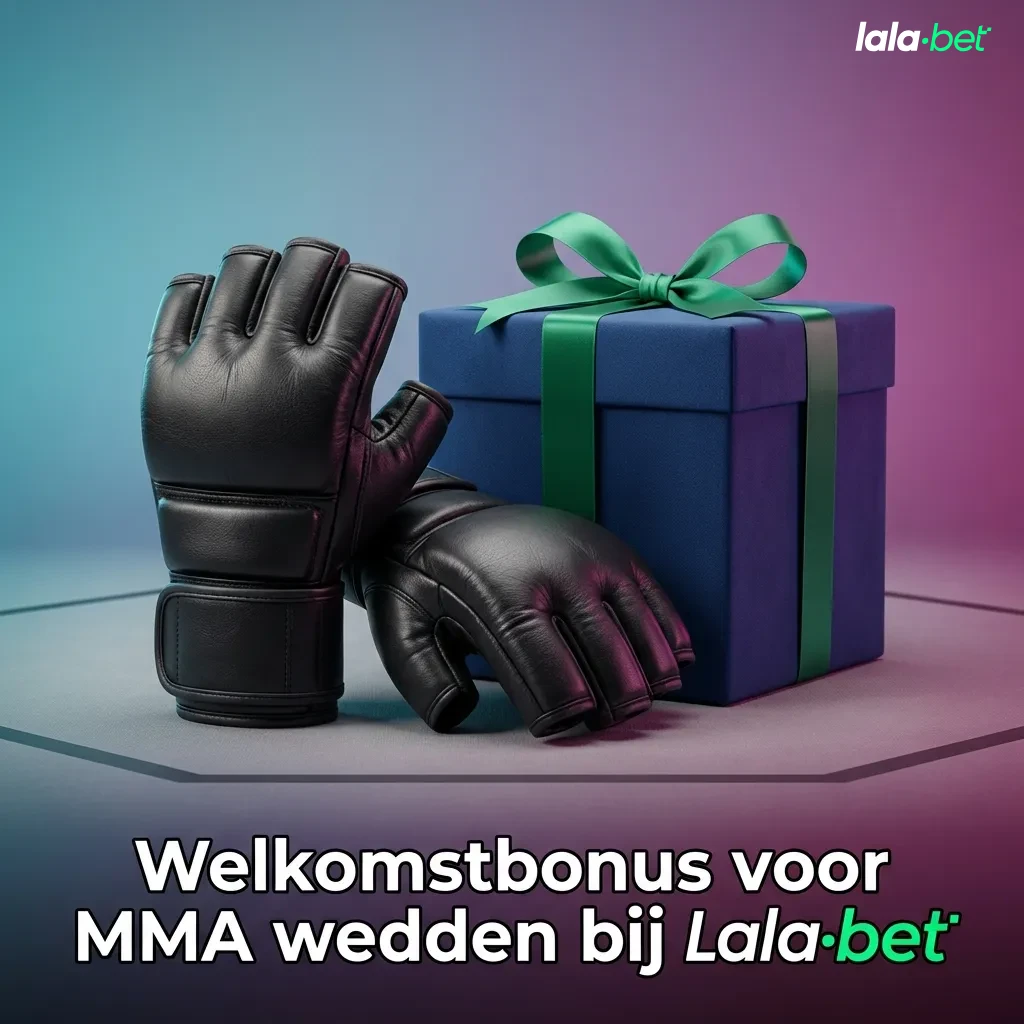Promobanner: “Welkomstbonus voor MMA wedden bij Lalabet” met vechters in een kooi en opvallende bonusbedragen